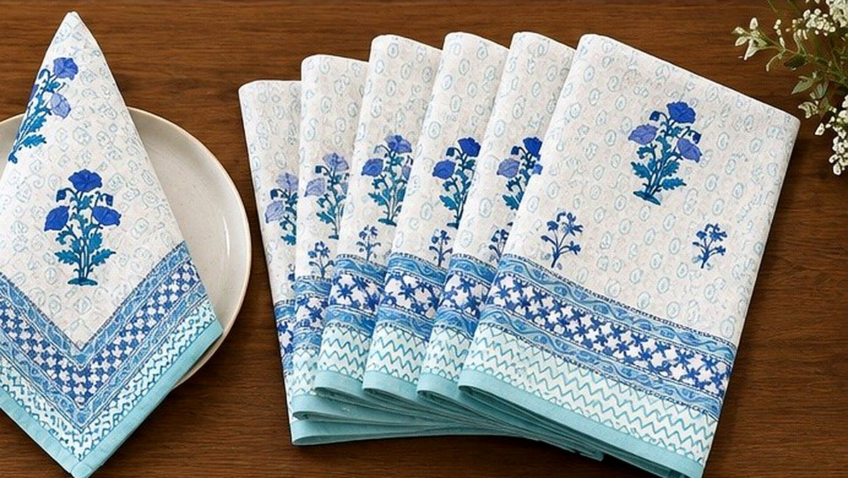 Azure Bloom Hand Block Printed Cotton Napkins – Set of 6